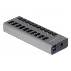DELOCK hub 10x USB με διακόπτες 63976, USB 3.0, 5Gbps, 4A, LED, γκρι
