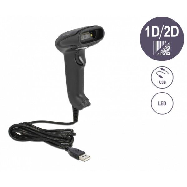 DELOCK USB barcode scanner 1D και 2D 90522, με καλώδιο σύνδεσης, μαύρο