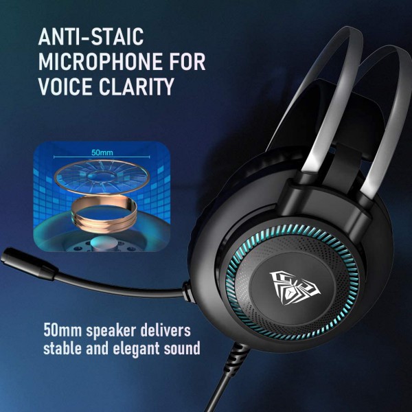 AULA gaming headset S601USB, RGB, USB, 50mm, μαύρο