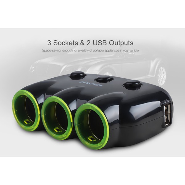 AWEI διαμοιραστής αντάπτορα αυτοκινήτου C-35, 3x θέσεων & 2x USB, μαύρος