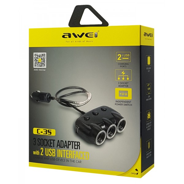 AWEI διαμοιραστής αντάπτορα αυτοκινήτου C-35, 3x θέσεων & 2x USB, μαύρος