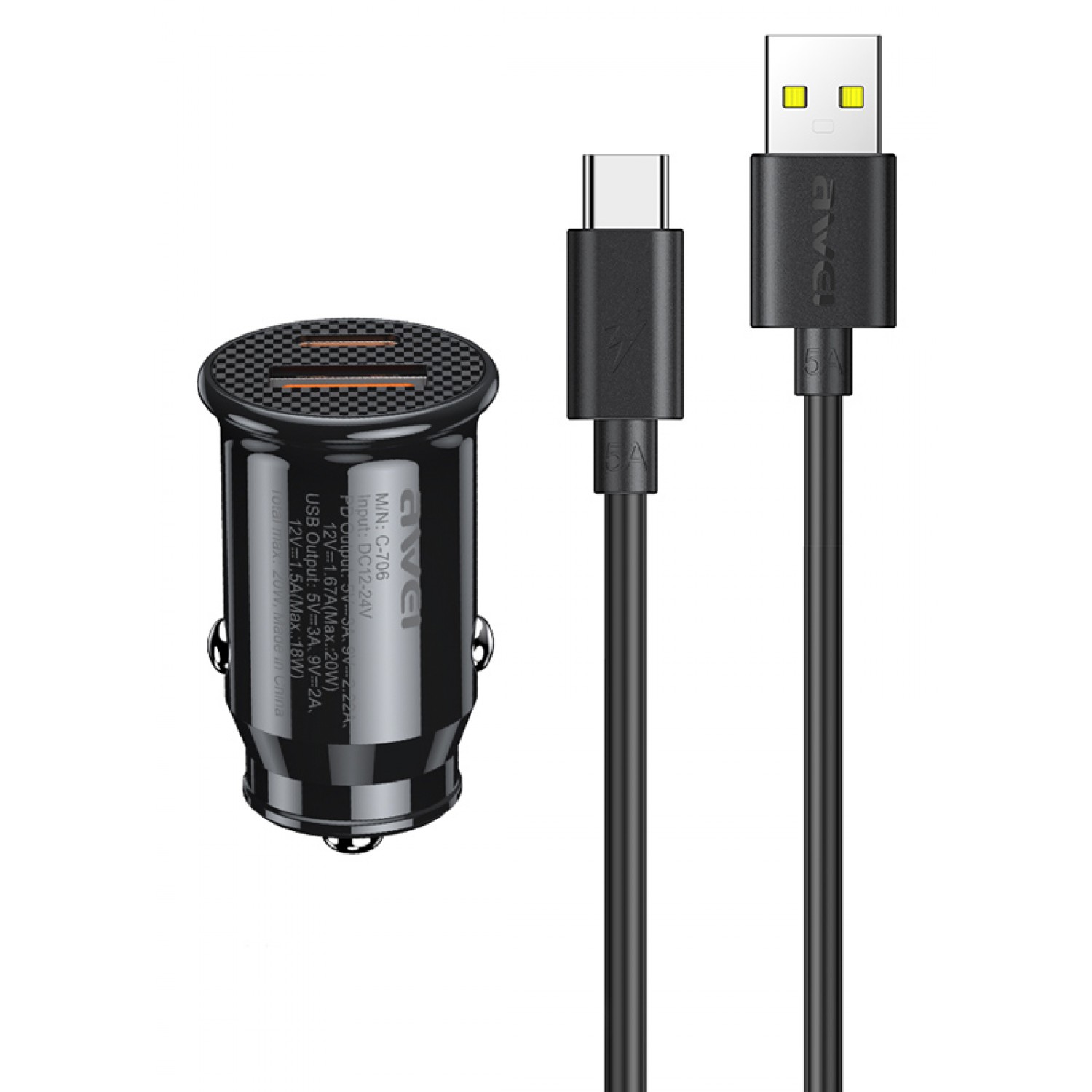 AWEI φορτιστής αυτοκινήτου με καλώδιο USB C-706, USB+Type-C, 20W, μαύρος AWEI φορτιστής αυτοκινήτου με καλώδιο USB C-706, USB+Type-C, 20W, μαύρος