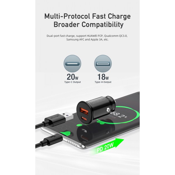 AWEI φορτιστής αυτοκινήτου με καλώδιο USB C-706, USB+Type-C, 20W, μαύρος AWEI φορτιστής αυτοκινήτου με καλώδιο USB C-706, USB+Type-C, 20W, μαύρος
