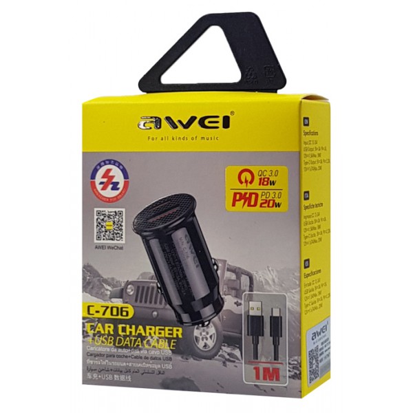 AWEI φορτιστής αυτοκινήτου με καλώδιο USB C-706, USB+Type-C, 20W, μαύρος AWEI φορτιστής αυτοκινήτου με καλώδιο USB C-706, USB+Type-C, 20W, μαύρος