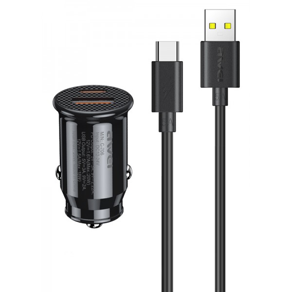 AWEI φορτιστής αυτοκινήτου με καλώδιο USB C-706, USB+Type-C, 20W, μαύρος AWEI φορτιστής αυτοκινήτου με καλώδιο USB C-706, USB+Type-C, 20W, μαύρος