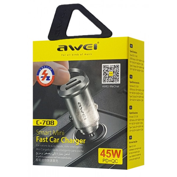 AWEI φορτιστής αυτοκινήτου C-708, USB + Type-C, 45W, μαύρος AWEI φορτιστής αυτοκινήτου C-708, USB + Type-C, 45W, μαύρος