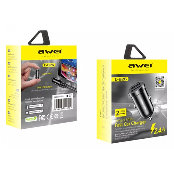 AWEI φορτιστής αυτοκινήτου C-826, 2x USB, 12W, μαύρος