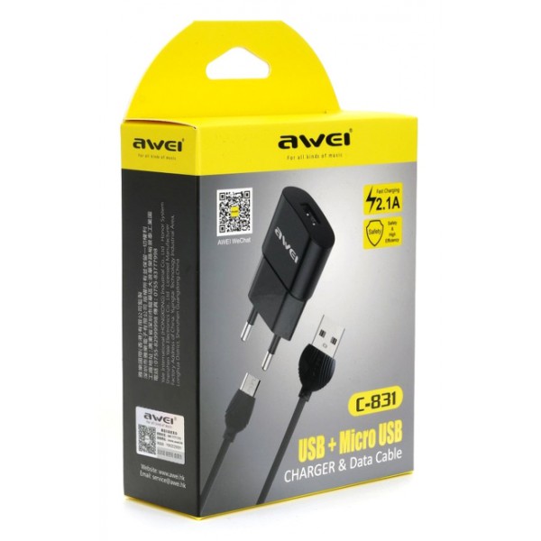 AWEI φορτιστής τοίχου με καλώδιο C-831, USB, 2.1A, μαύρος