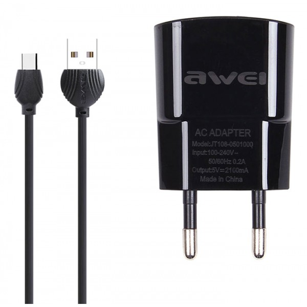 AWEI φορτιστής τοίχου με καλώδιο C-831, USB, 2.1A, μαύρος