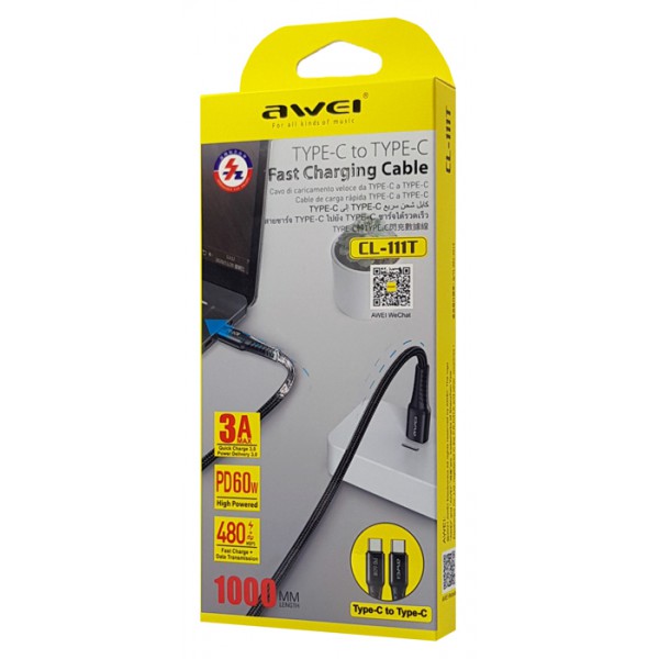 AWEI καλώδιο USB Type-C CL-111T, PD 60W, 3A, 1m, μαύρο AWEI καλώδιο USB Type-C CL-111T, PD 60W, 3A, 1m, μαύρο