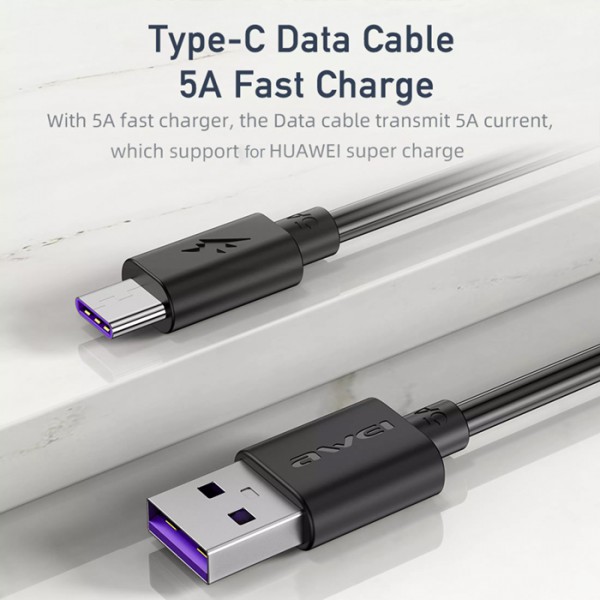 AWEI καλώδιο USB σε Type-C CL-113T, 5A, 0.30m, μαύρο AWEI καλώδιο USB σε Type-C CL-113T, 5A, 0.30m, μαύρο