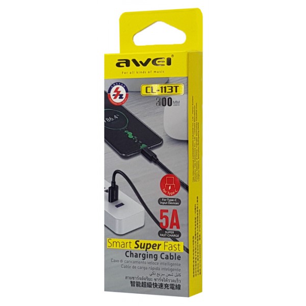 AWEI καλώδιο USB σε Type-C CL-113T, 5A, 0.30m, μαύρο AWEI καλώδιο USB σε Type-C CL-113T, 5A, 0.30m, μαύρο