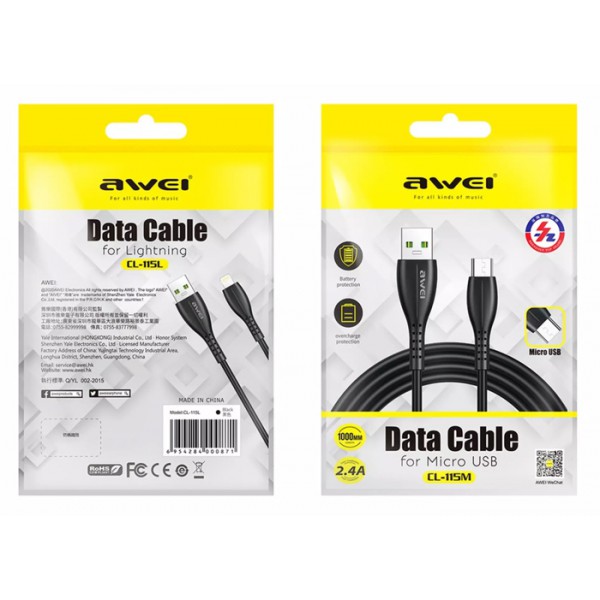 AWEI καλώδιο USB σε Micro USB CL-115M, 2.4A, 1m, μαύρο AWEI καλώδιο USB σε Micro USB CL-115M, 2.4A, 1m, μαύρο