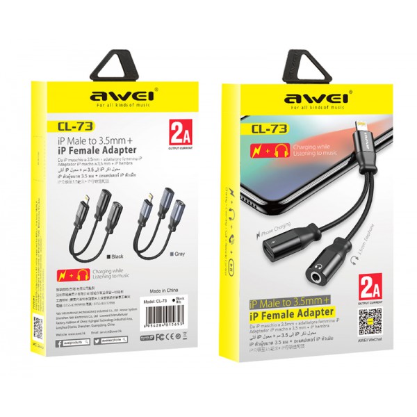 AWEI αντάπτορας Lightning σε Lightning & 3.5mm CL-73, 2A, μαύρος AWEI αντάπτορας Lightning σε Lightning & 3.5mm CL-73, 2A, μαύρος