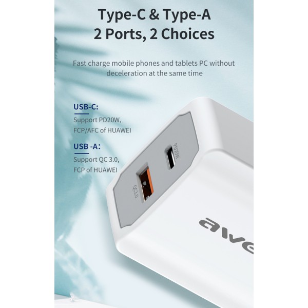 AWEI φορτιστής τοίχου με καλώδιο PD4, USB & Type-C, 20W, λευκός