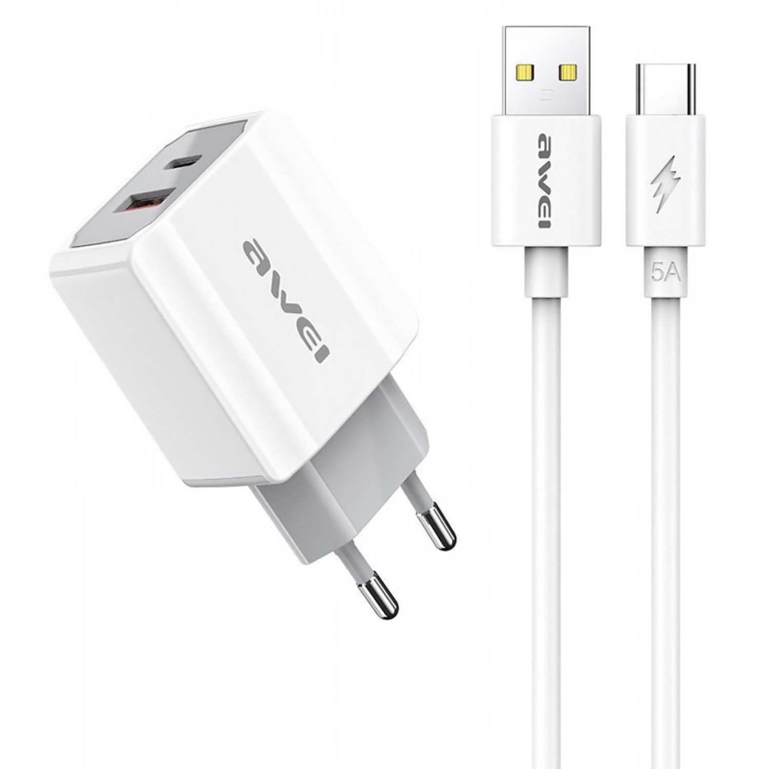 AWEI φορτιστής τοίχου με καλώδιο PD4, USB & Type-C, 20W, λευκός