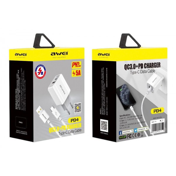 AWEI φορτιστής τοίχου με καλώδιο PD4, USB & Type-C, 20W, λευκός