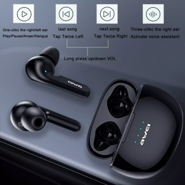 AWEI earphones με θήκη φόρτισης T15, True Wireless, μαύρα