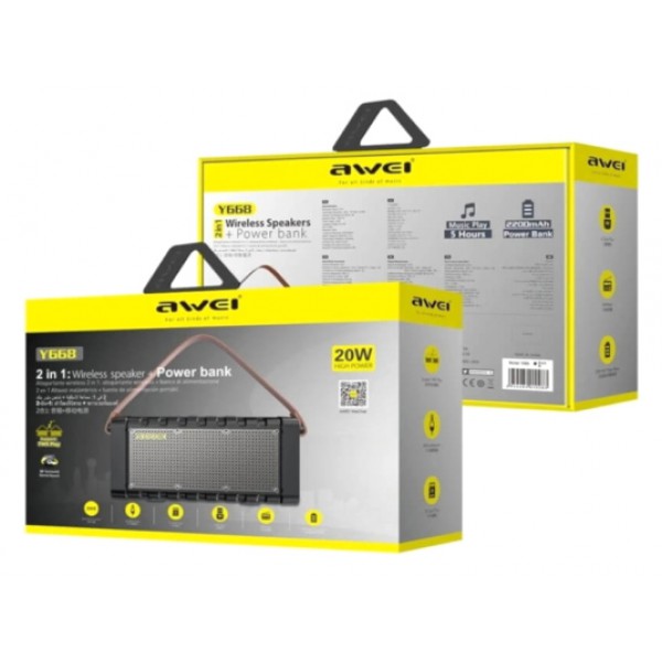 AWEI φορητό ηχείο & power bank Y668, 2x 10W, Bluetooth, 2200mAh, μαύρο