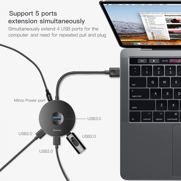 BASEUS USB Type-C hub CAHUB-G01, 1x USB 3.0, 3x USB 2.0, μαύρο