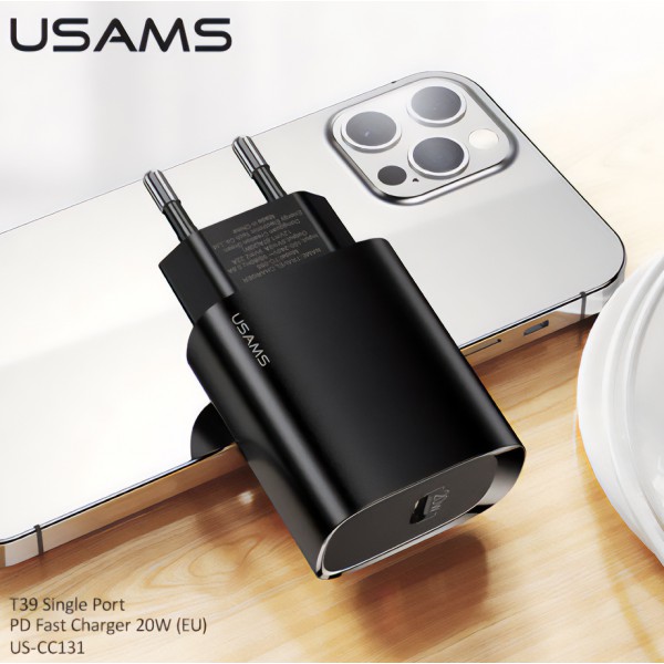 USAMS φορτιστής τοίχου US-CC131, 1x type-C, PD3.0 20W 3A, μαύρος USAMS φορτιστής τοίχου US-CC131, 1x type-C, PD3.0 20W 3A, μαύρος