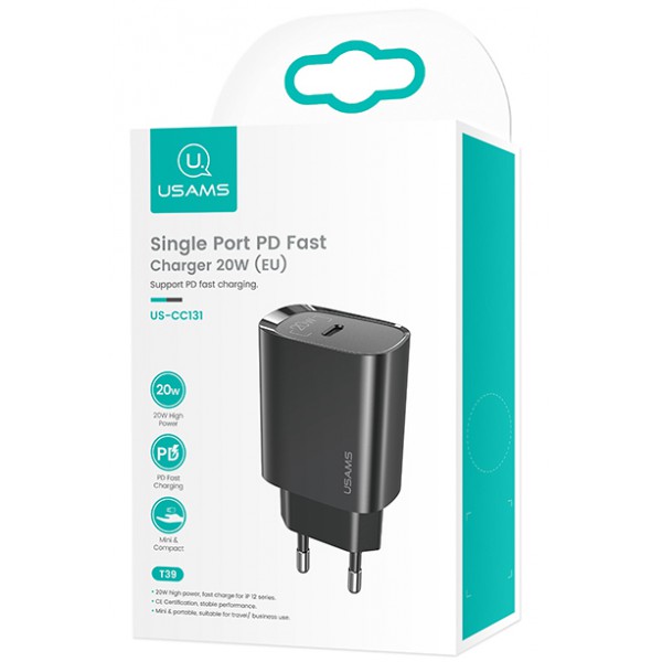 USAMS φορτιστής τοίχου US-CC131, 1x type-C, PD3.0 20W 3A, μαύρος USAMS φορτιστής τοίχου US-CC131, 1x type-C, PD3.0 20W 3A, μαύρος