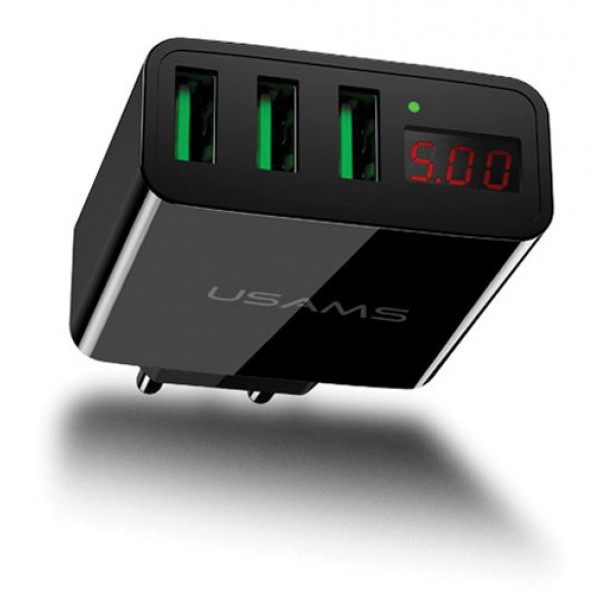 USAMS φορτιστής τοίχου CC35TC03 με οθόνη, 3x USB, 3A, μαύρος USAMS φορτιστής τοίχου CC35TC03 με οθόνη, 3x USB, 3A, μαύρος