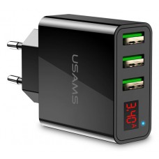 USAMS φορτιστής τοίχου CC35TC03 με οθόνη, 3x USB, 3A, μαύρος
