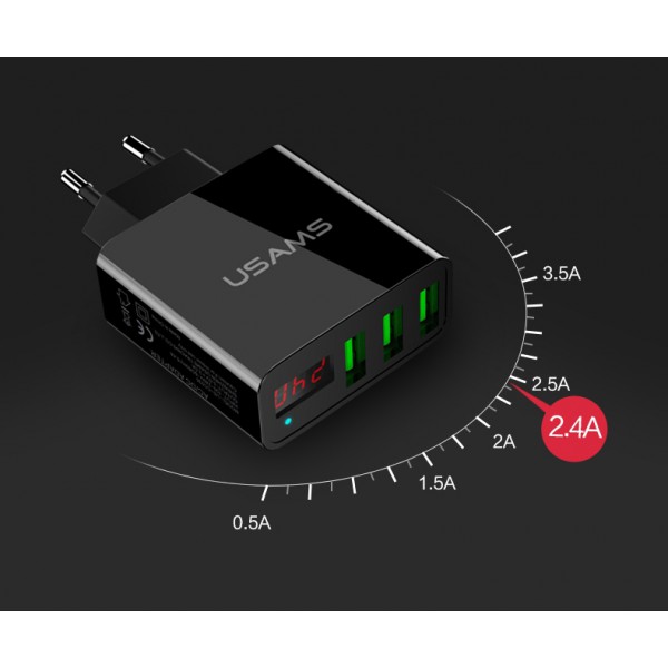 USAMS φορτιστής τοίχου CC35TC03 με οθόνη, 3x USB, 3A, μαύρος USAMS φορτιστής τοίχου CC35TC03 με οθόνη, 3x USB, 3A, μαύρος