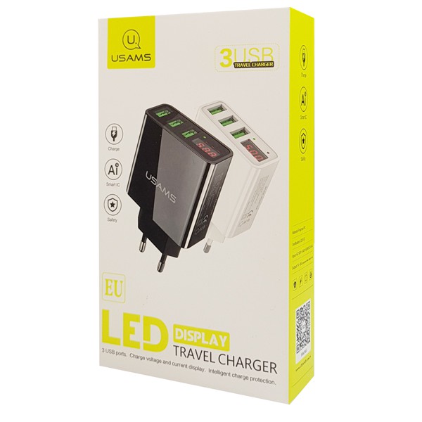 USAMS φορτιστής τοίχου CC35TC03 με οθόνη, 3x USB, 3A, μαύρος USAMS φορτιστής τοίχου CC35TC03 με οθόνη, 3x USB, 3A, μαύρος