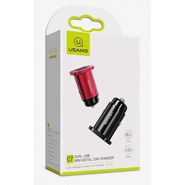 USAMS φορτιστής αυτοκινήτου C7, 2x USB, 4.8A, μεταλλικός, μαύρος