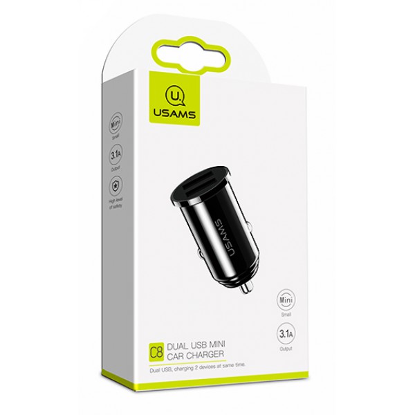 USAMS φορτιστής αυτοκινήτου C8, 2x USB, 3.1A, μαύρος