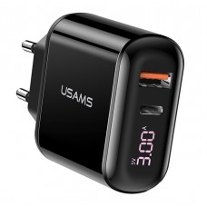 USAMS φορτιστής τοίχου T23, USB & type-C, οθόνη, 18W 3A, μαύρος