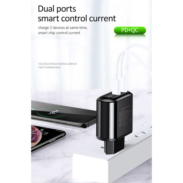 USAMS φορτιστής τοίχου T23, USB & type-C, οθόνη, 18W 3A, μαύρος USAMS φορτιστής τοίχου T23, USB & type-C, οθόνη, 18W 3A, μαύρος