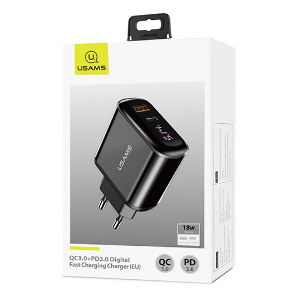 USAMS φορτιστής τοίχου T23, USB & type-C, οθόνη, 18W 3A, μαύρος USAMS φορτιστής τοίχου T23, USB & type-C, οθόνη, 18W 3A, μαύρος