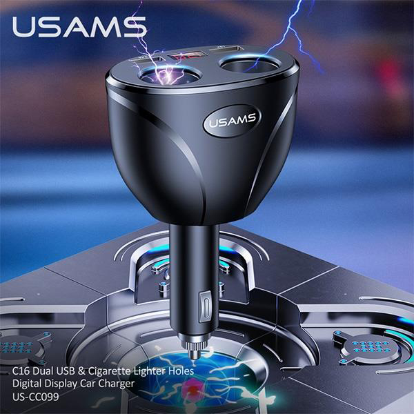 USAMS φορτιστής αυτοκινήτου C16, 2x USB & υποδοχές αναπτήρα, 96W, μαύρος
