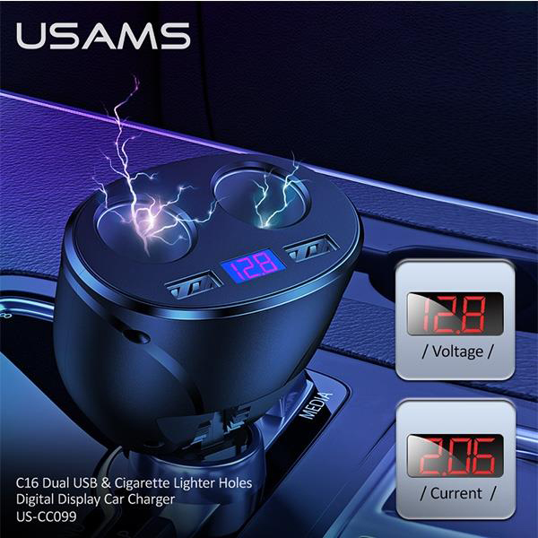 USAMS φορτιστής αυτοκινήτου C16, 2x USB & υποδοχές αναπτήρα, 96W, μαύρος