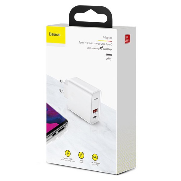 BASEUS φορτιστής τοίχου CCFS-C02, USB & USB Type-C, 30W, λευκός BASEUS φορτιστής τοίχου CCFS-C02, USB & USB Type-C, 30W, λευκός