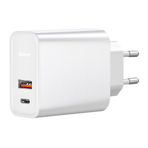 BASEUS φορτιστής τοίχου CCFS-C02, USB & USB Type-C, 30W, λευκός BASEUS φορτιστής τοίχου CCFS-C02, USB & USB Type-C, 30W, λευκός