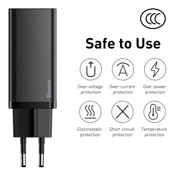 BASEUS φορτιστής τοίχου CCGAN2L-B01, 1x USB, 1x USB Type-C, 65W, μαύρος BASEUS φορτιστής τοίχου CCGAN2L-B01, 1x USB, 1x USB Type-C, 65W, μαύρος