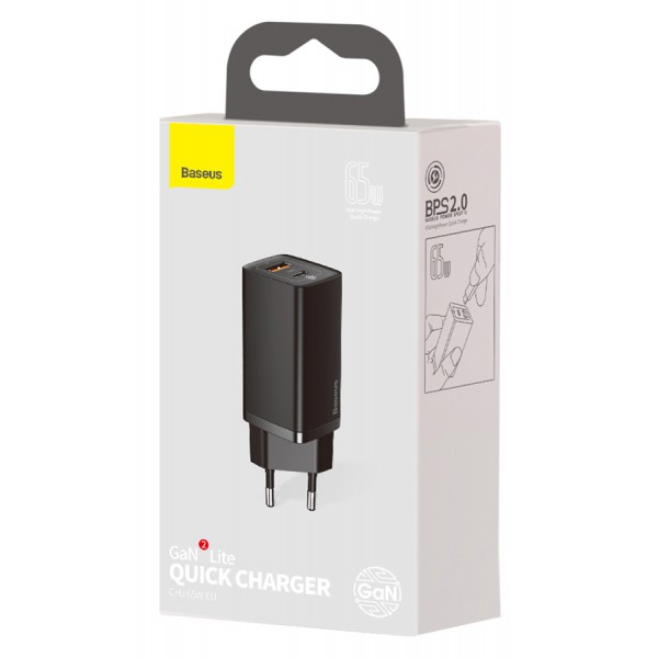 BASEUS φορτιστής τοίχου CCGAN2L-B01, 1x USB, 1x USB Type-C, 65W, μαύρος BASEUS φορτιστής τοίχου CCGAN2L-B01, 1x USB, 1x USB Type-C, 65W, μαύρος