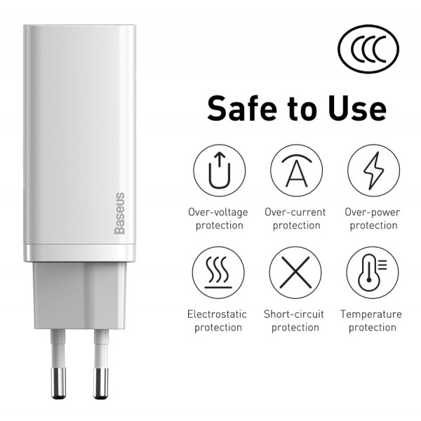 BASEUS φορτιστής τοίχου CCGAN2L-B02, 1x USB, 1x USB Type-C, 65W, λευκός