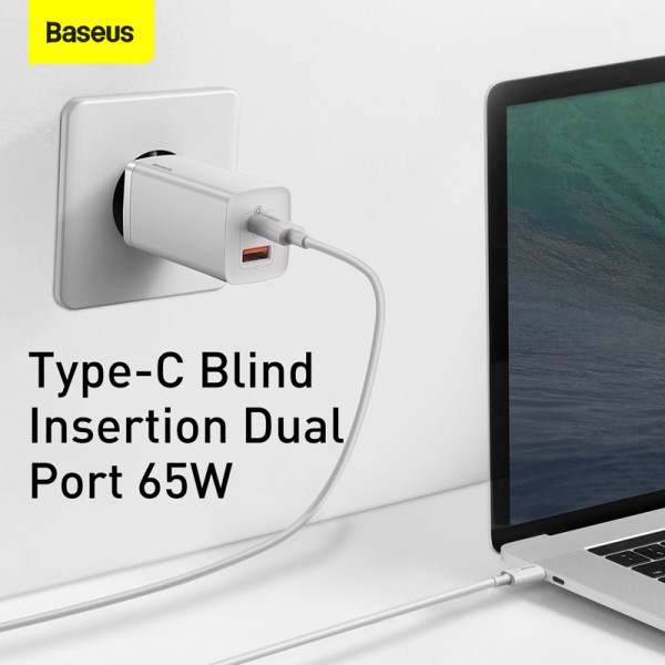 BASEUS φορτιστής τοίχου CCGAN2L-B02, 1x USB, 1x USB Type-C, 65W, λευκός