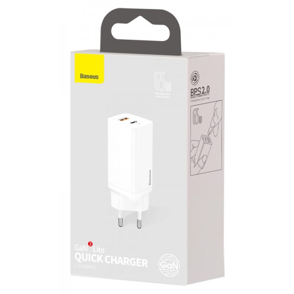 BASEUS φορτιστής τοίχου CCGAN2L-B02, 1x USB, 1x USB Type-C, 65W, λευκός