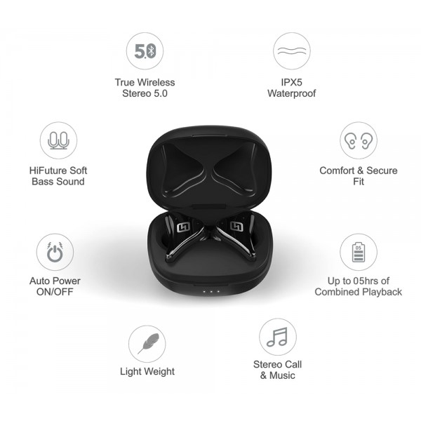 HIFUTURE earphones FlyAir, true wireless, με θήκη φόρτισης, μαύρα