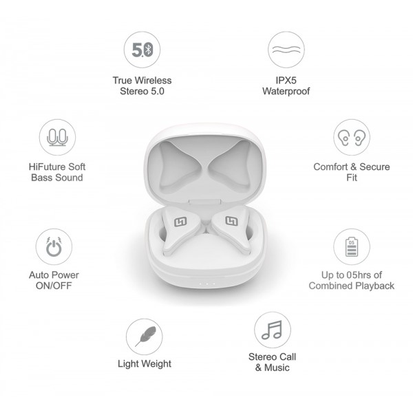 HIFUTURE earphones FlyAir, true wireless, με θήκη φόρτισης, λευκά