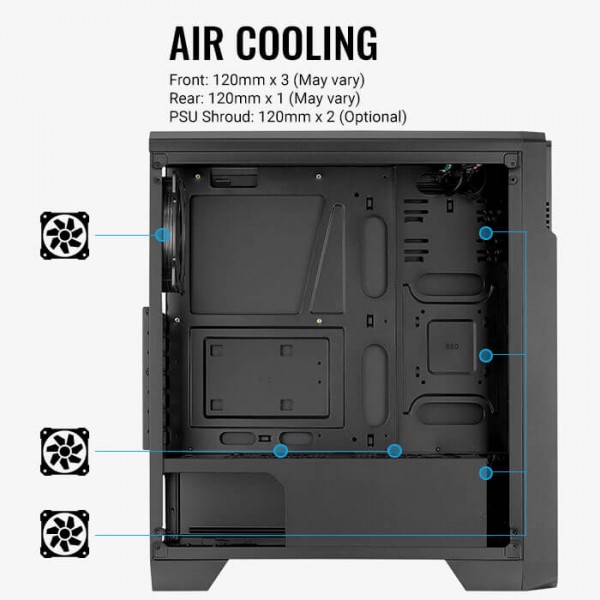 AEROCOOL PC case mid tower Ore FRGB-G-BK-V1, 195x461x422mm, 3x fan