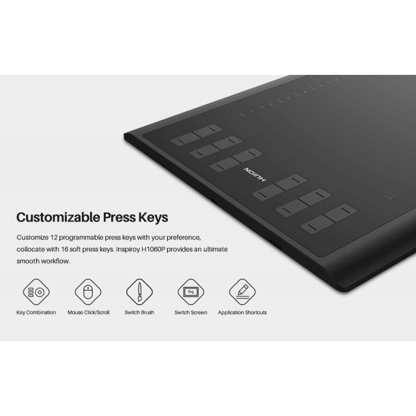 HUION pen tablet H1060P 10 x 6.25", battery-free pen, 16 πλήκτρα, μαύρο HUION pen tablet H1060P 10 x 6.25", battery-free pen, 16 πλήκτρα, μαύρο