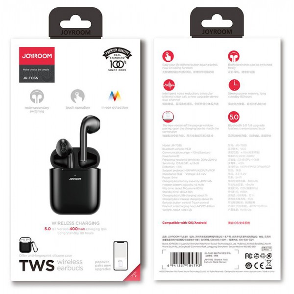 JOYROOM earphones με θήκη φόρτισης JR-T03S, true wireless, μαύρα
