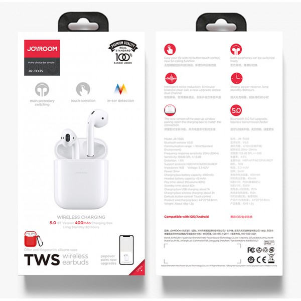 JOYROOM earphones με θήκη φόρτισης JR-T03S, true wireless, λευκά